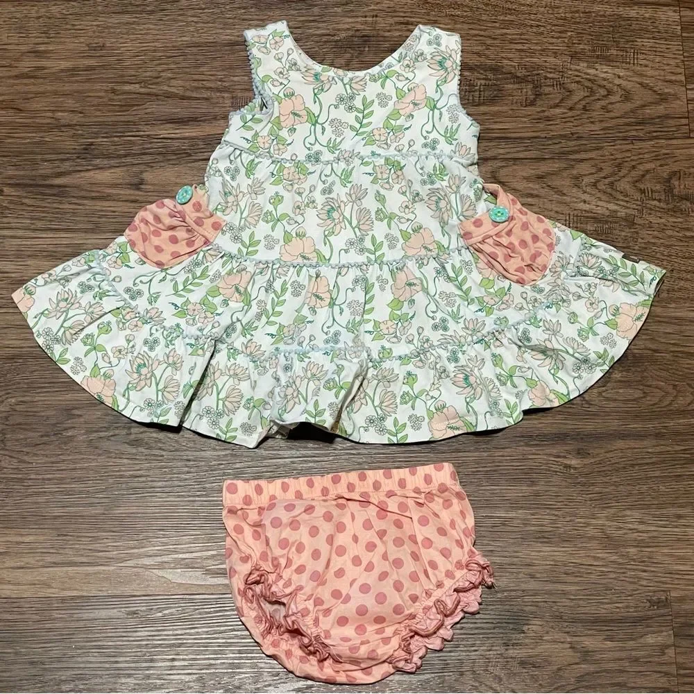 Matilda Jane Little Adventure Dress and Bloomer Diaper Cover Peach Green 6-12 mo